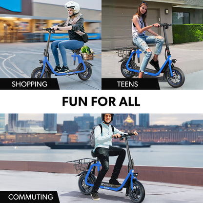 Electric Scooter with Seat, Disc Brakes, 12m Tyres, 25 km/h Speed, Blue