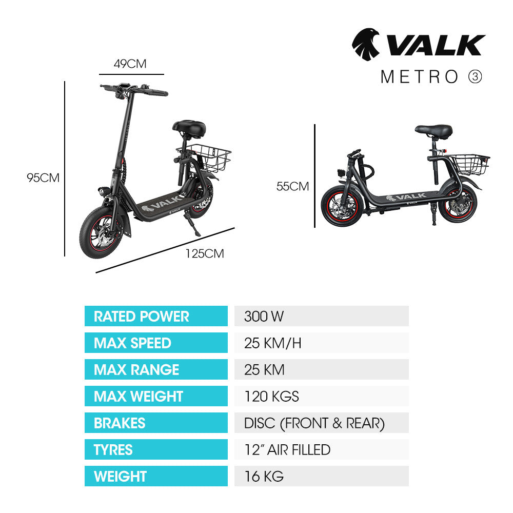 Electric Scooter with Seat, Disc Brakes, 12m Tyres, 25 km/h, 20 km Range