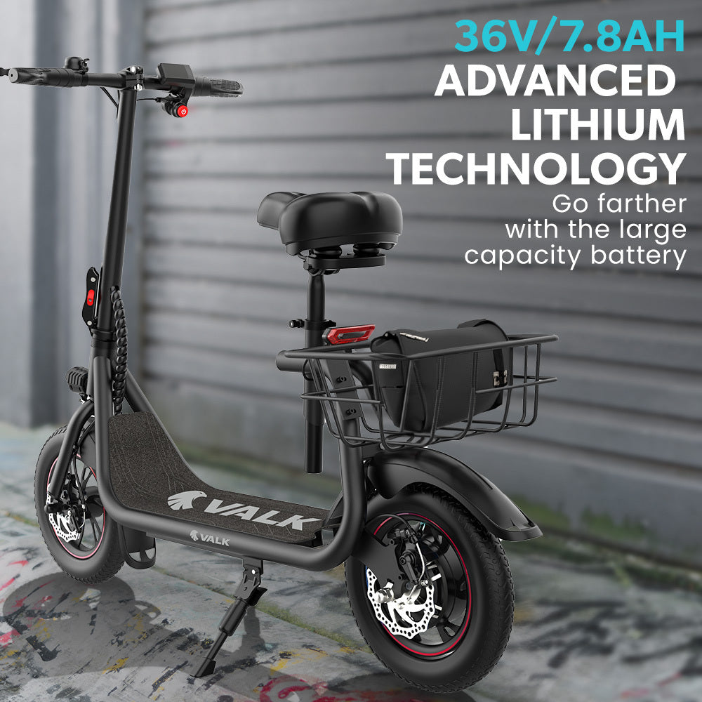 Electric Scooter with Seat, Disc Brakes, 12m Tyres, 25 km/h, 20 km Range