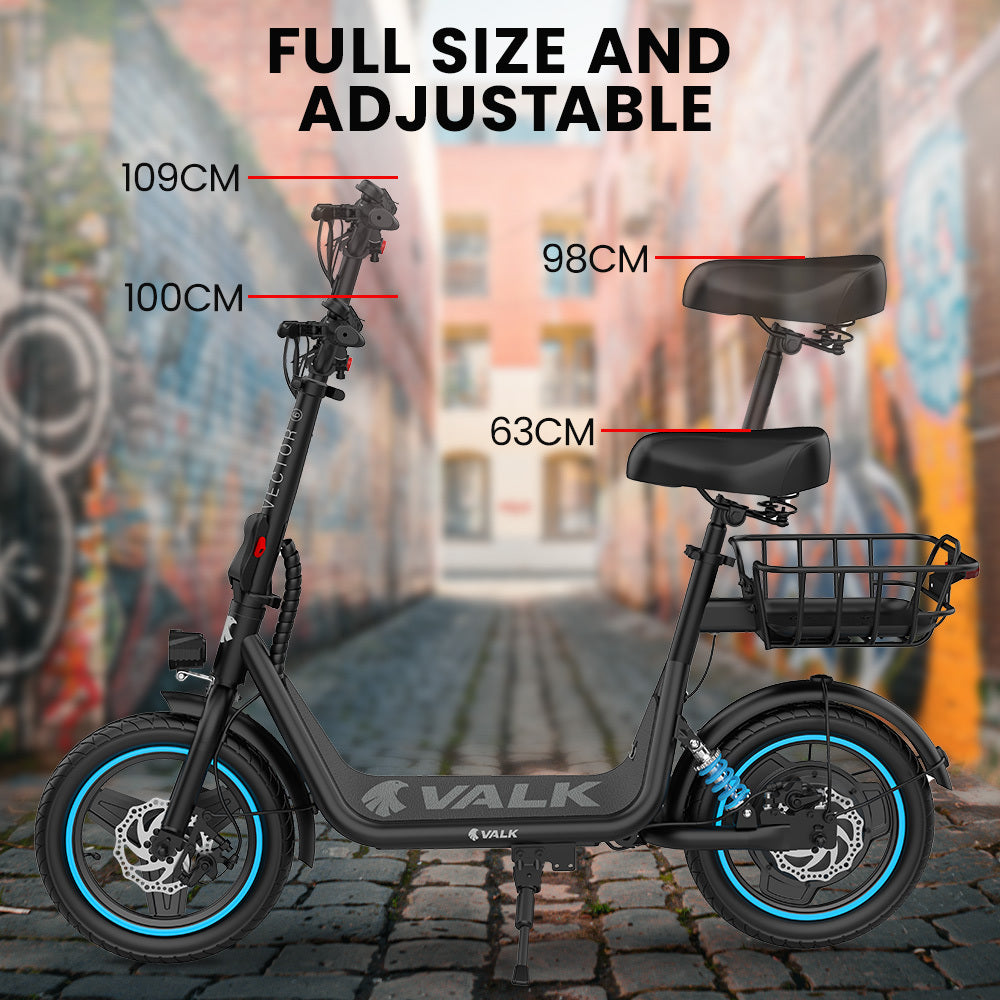 Electric Scooter with Seat, 30km Range, Disc Brakes, 14m Tyres, Foldable Design