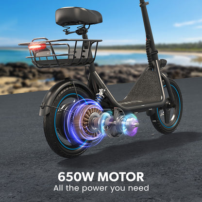 Electric Scooter with Seat, 30km Range, Disc Brakes, 14m Tyres, Foldable Design