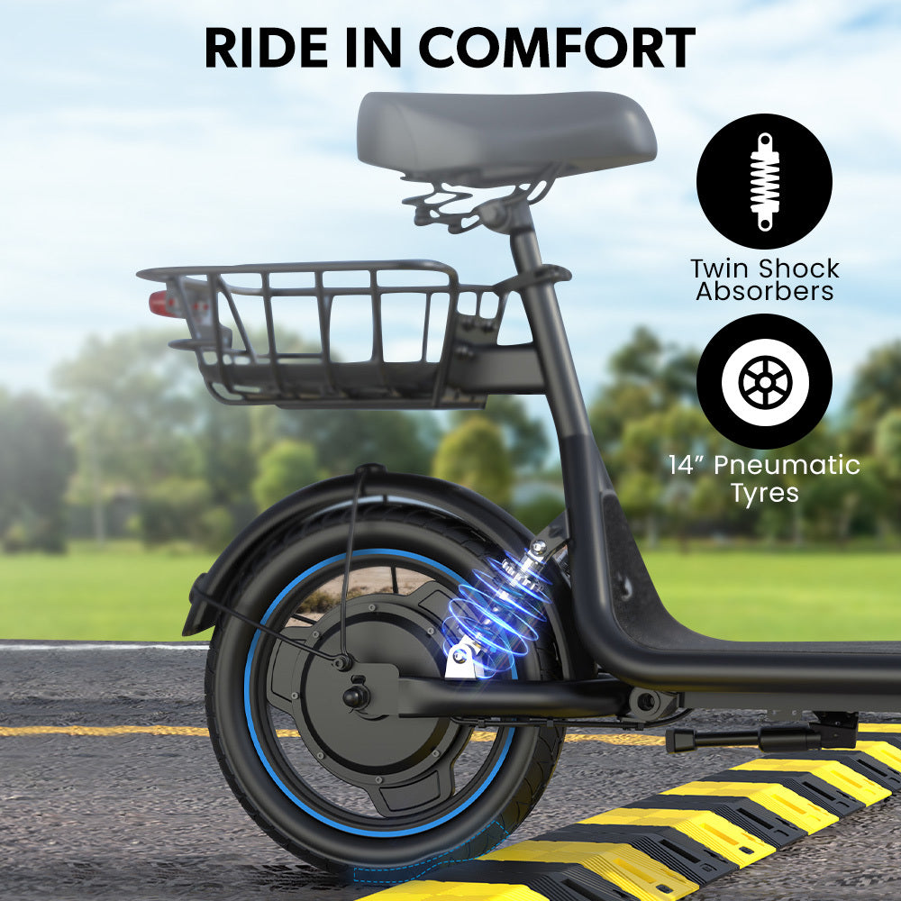 Electric Scooter with Seat, 30km Range, Disc Brakes, 14m Tyres, Foldable Design