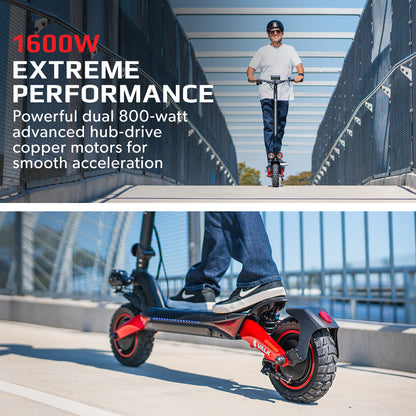 Dual Motor 1600W Electric Scooter with 60km Range and Suspension, Black/Red