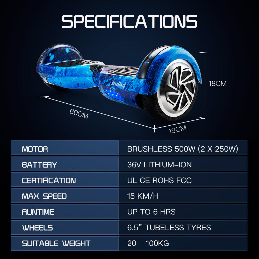 Galaxy Blue Electric Hoverboard with Self-Balancing & Dual 250W Motors, 6.5m Wheels