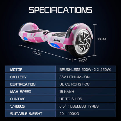 Dual Motor Hoverboard with 0.17m Wheels, LED Lights, 15km Range, Camo Pink