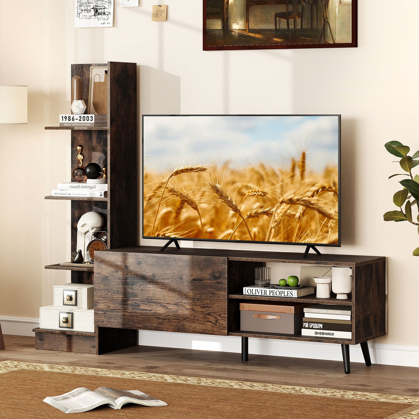 TV Stand for TVs up to 50 Inches with Bookshelf and Adjustable Shelf-Rustic Brown