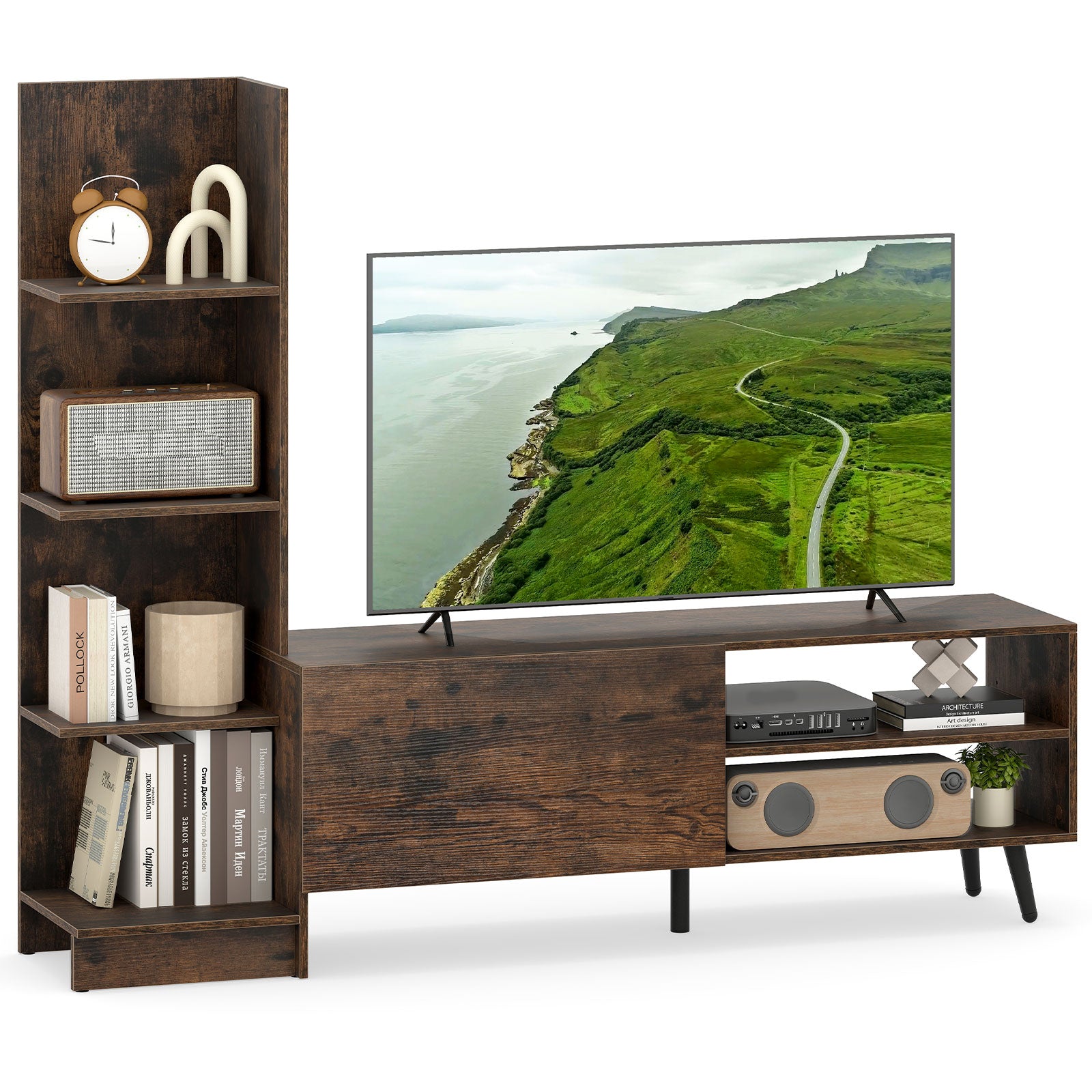 TV Stand for TVs up to 50 Inches with Bookshelf and Adjustable Shelf-Rustic Brown