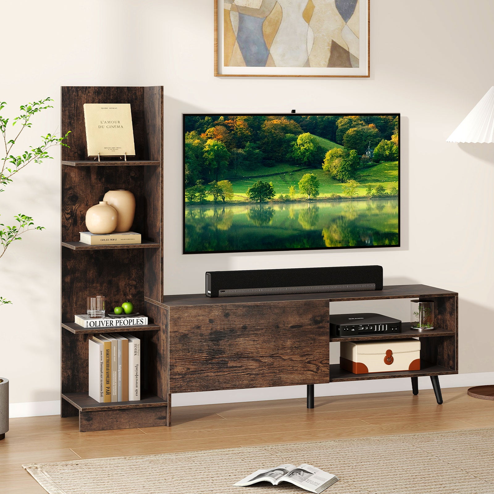 TV Stand for TVs up to 50 Inches with Bookshelf and Adjustable Shelf-Rustic Brown