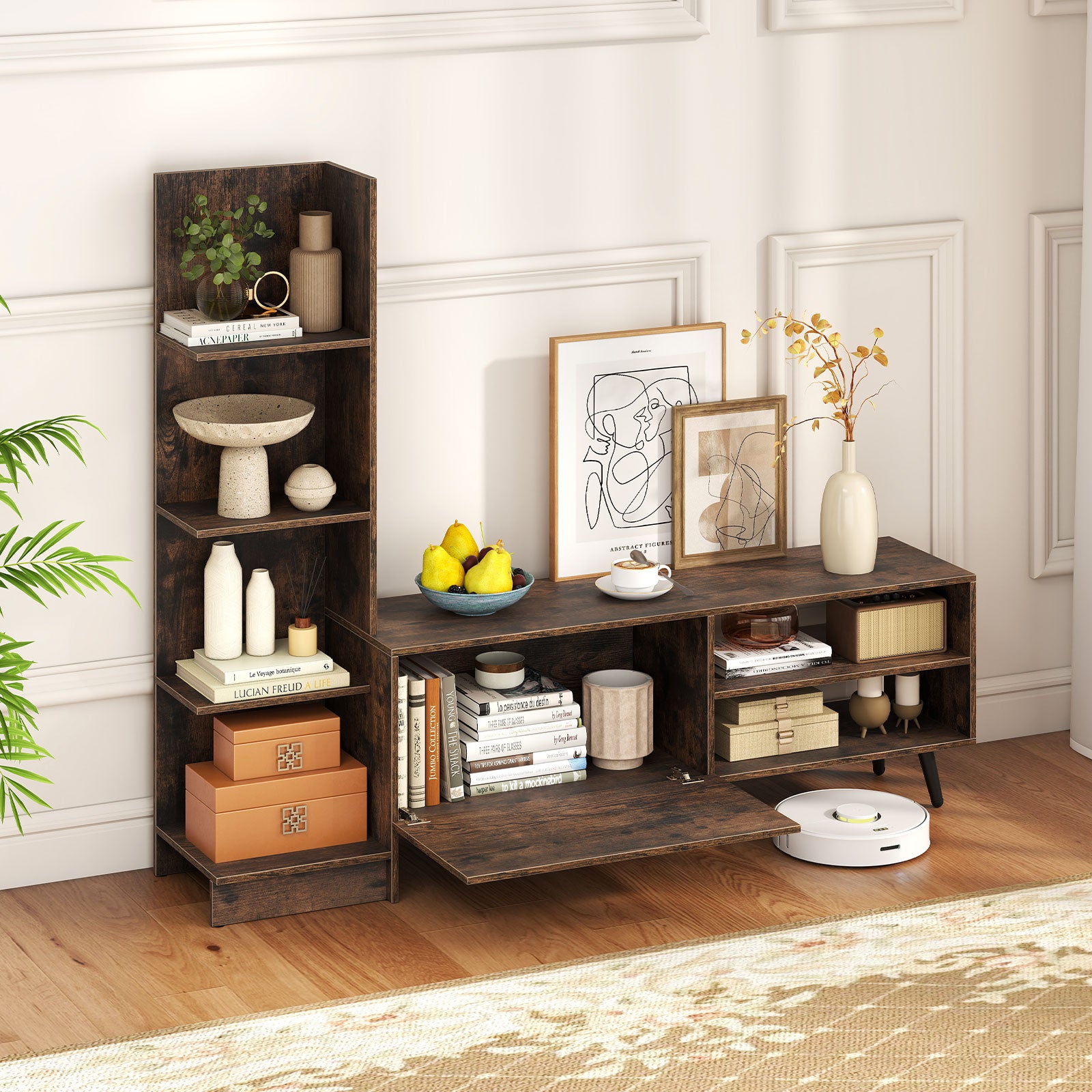 TV Stand for TVs up to 50 Inches with Bookshelf and Adjustable Shelf-Rustic Brown