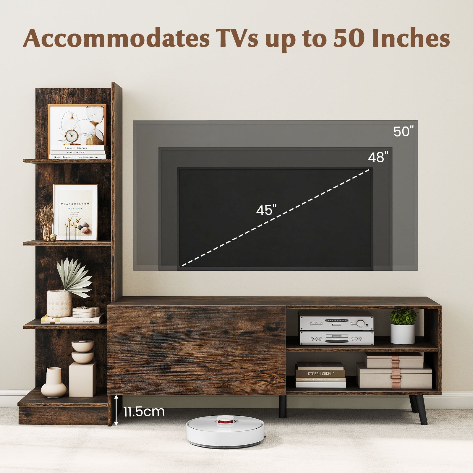 TV Stand for TVs up to 50 Inches with Bookshelf and Adjustable Shelf-Rustic Brown