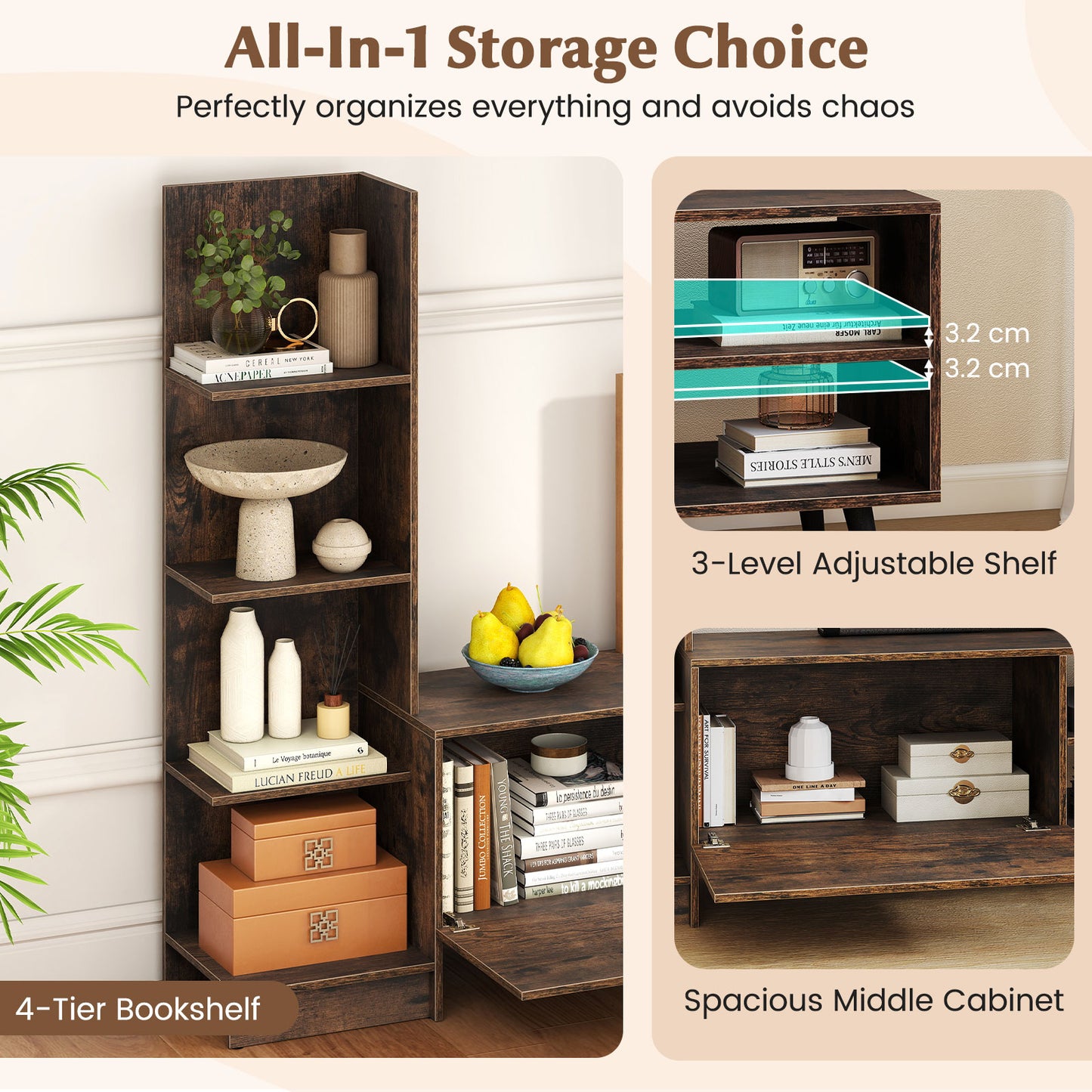 TV Stand for TVs up to 50 Inches with Bookshelf and Adjustable Shelf-Rustic Brown