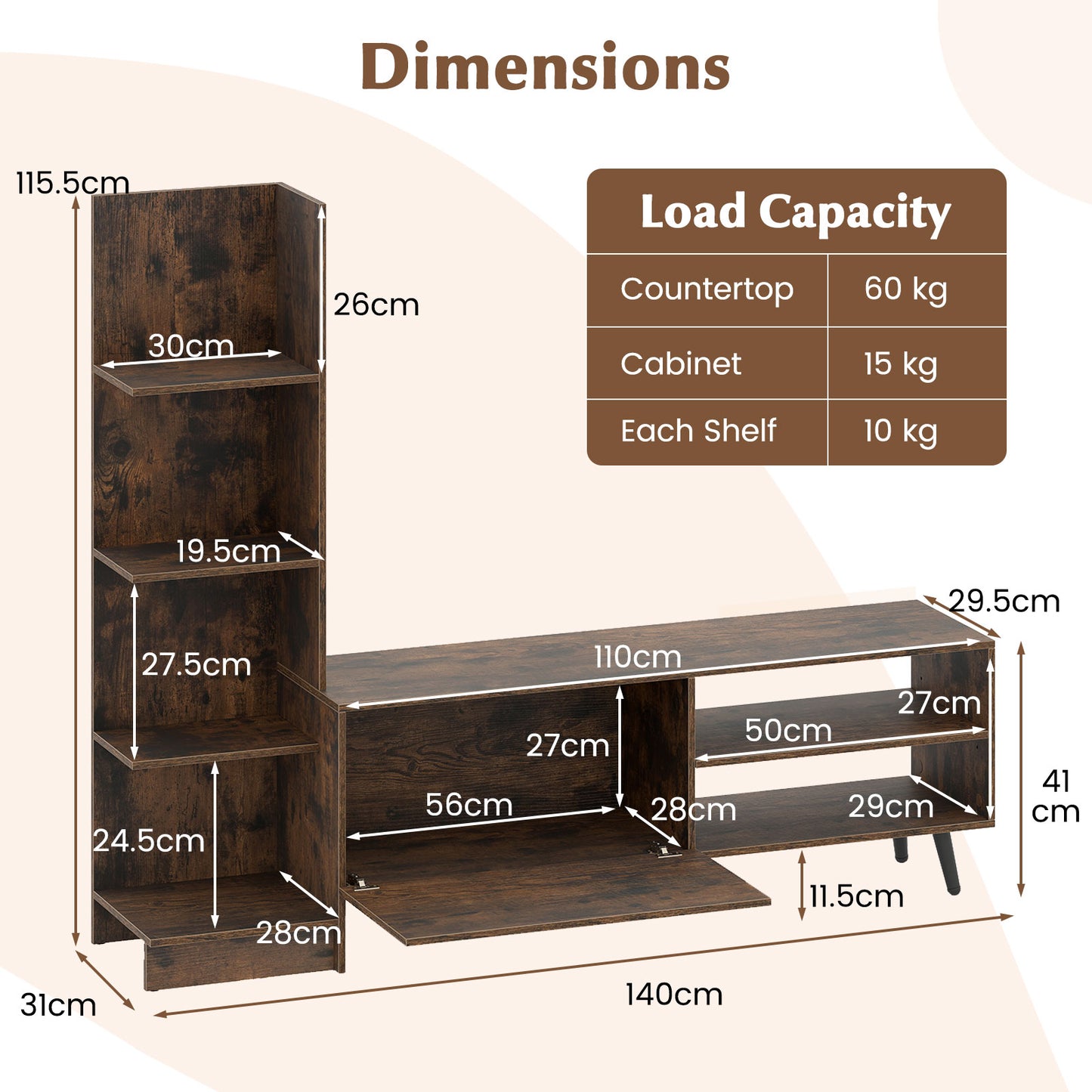 TV Stand for TVs up to 50 Inches with Bookshelf and Adjustable Shelf-Rustic Brown
