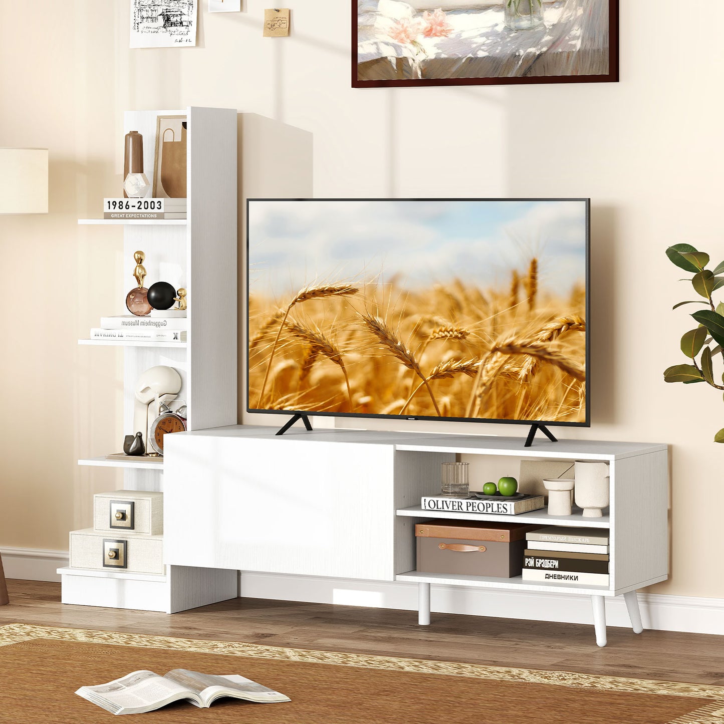 TV Stand for TVs up to 50 Inches with Bookshelf and Adjustable Shelf-White