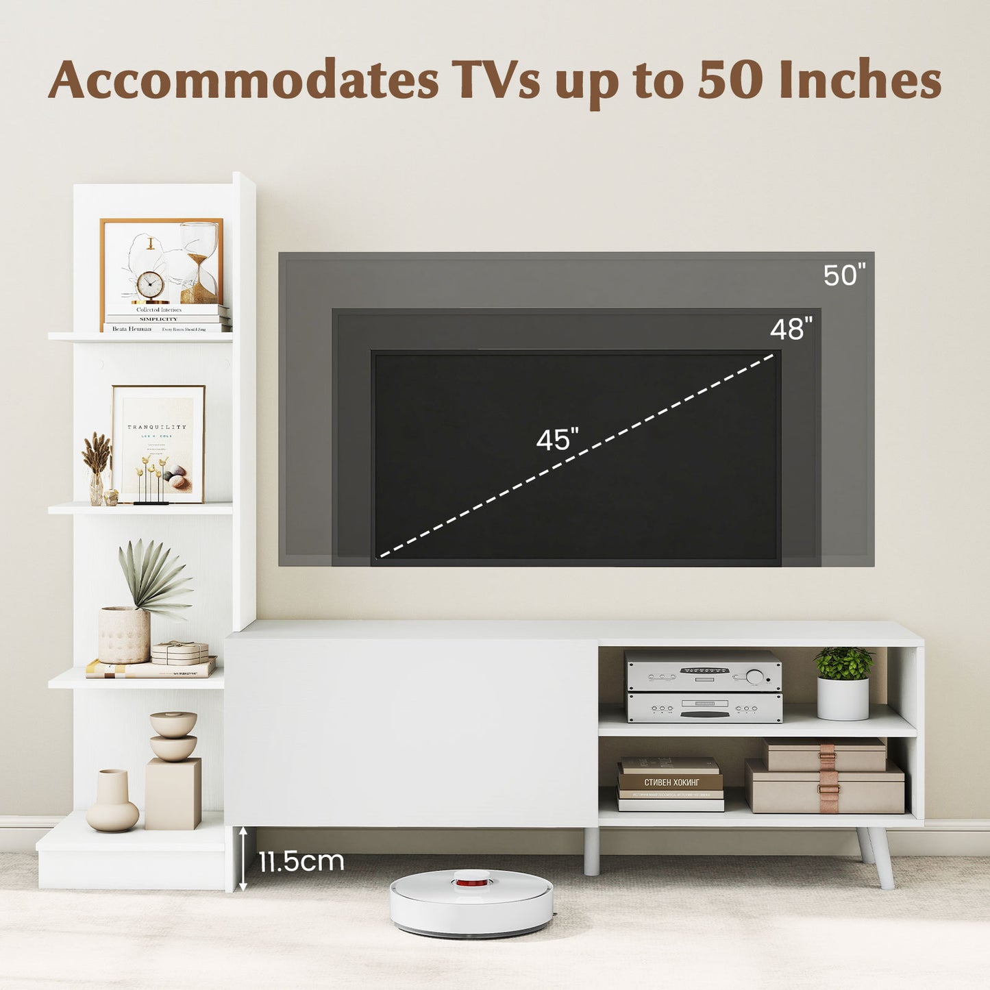 TV Stand for TVs up to 50 Inches with Bookshelf and Adjustable Shelf-White