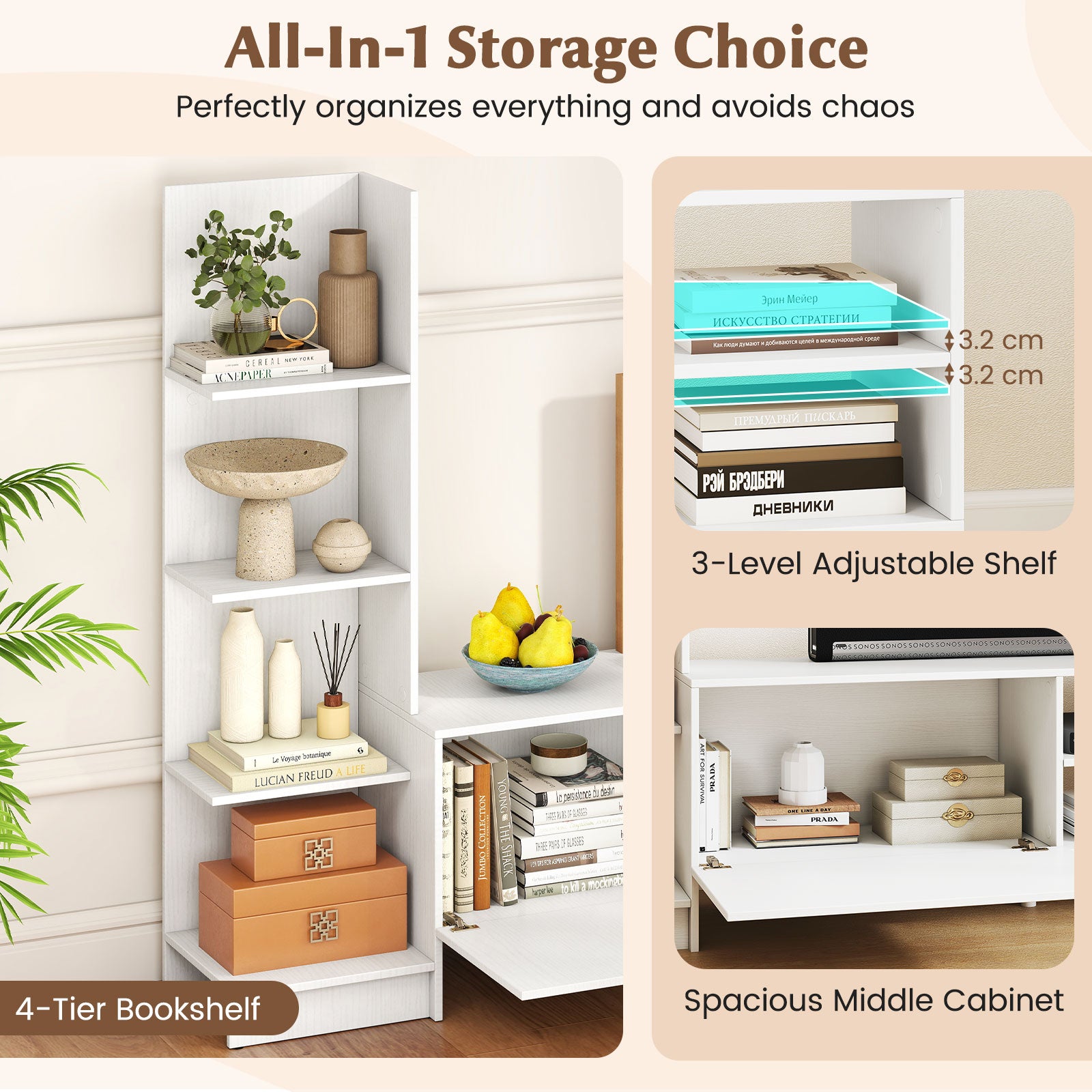 TV Stand for TVs up to 50 Inches with Bookshelf and Adjustable Shelf-White