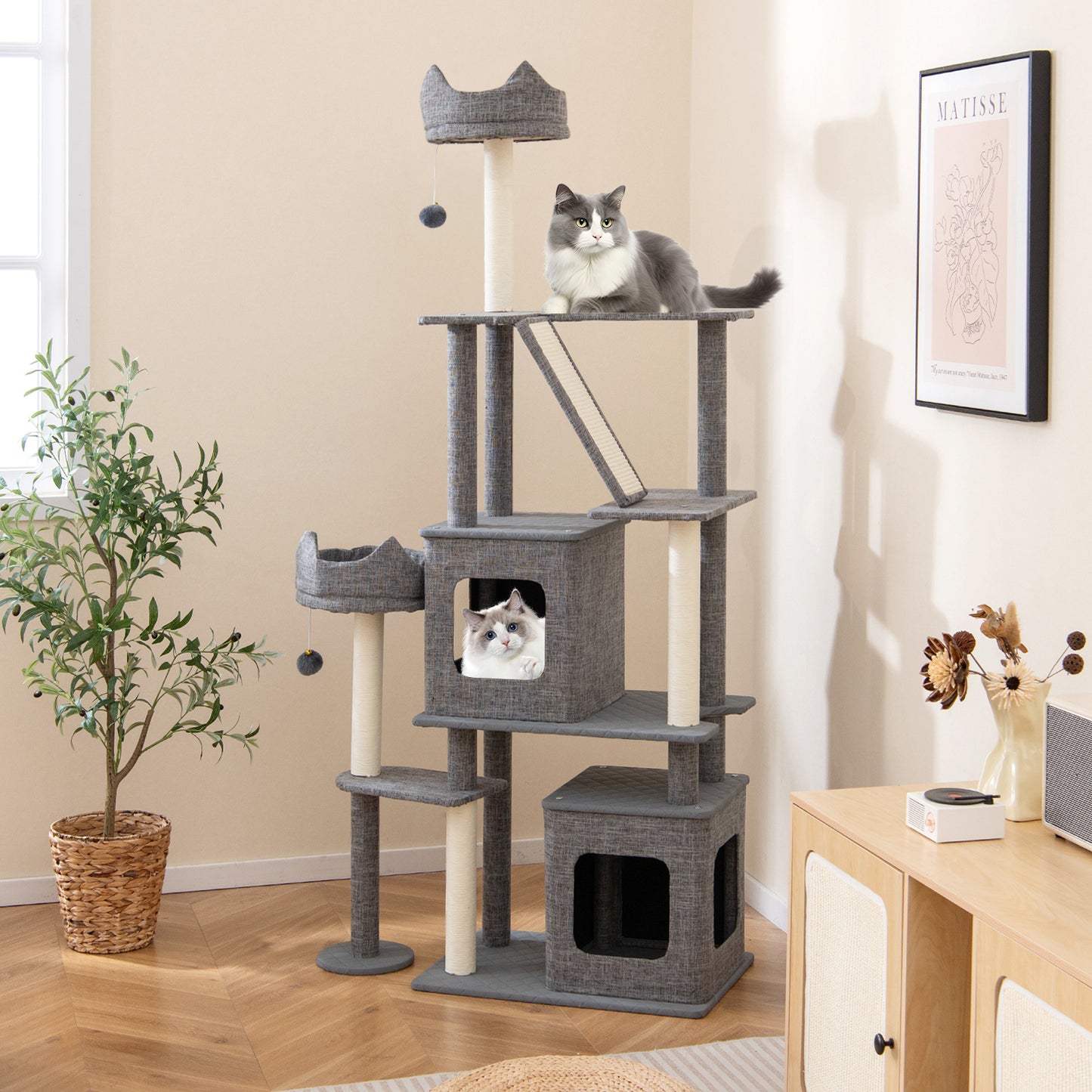 1.8m Tall Cat Tree with Scratching Posts and Board for Indoor Cats-Grey