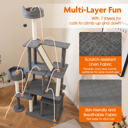 1.8m Tall Cat Tree with Scratching Posts and Board for Indoor Cats-Grey