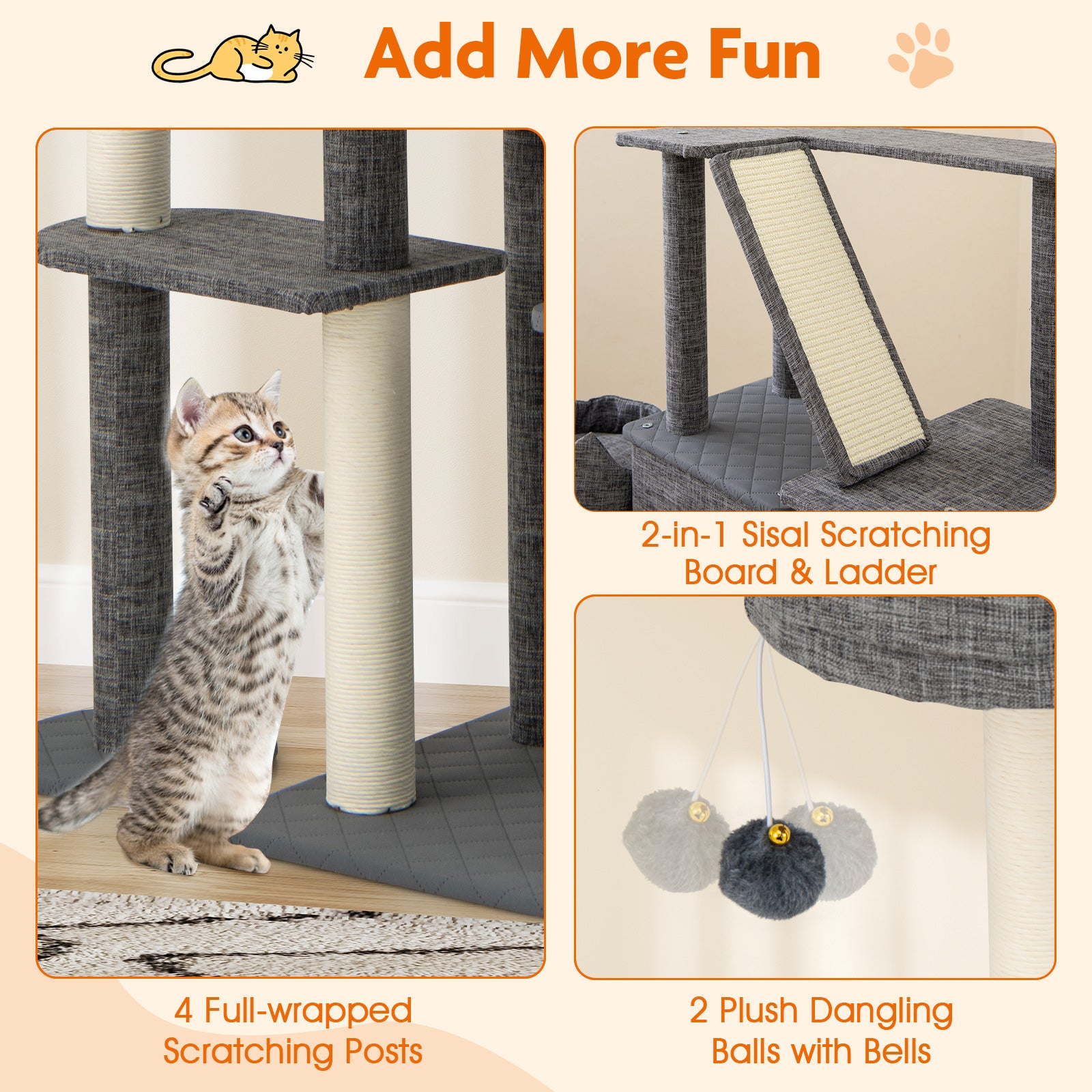 1.8m Tall Cat Tree with Scratching Posts and Board for Indoor Cats-Grey