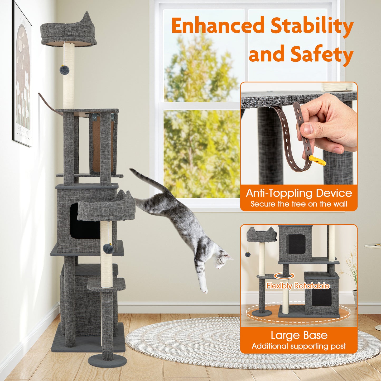 1.8m Tall Cat Tree with Scratching Posts and Board for Indoor Cats-Grey