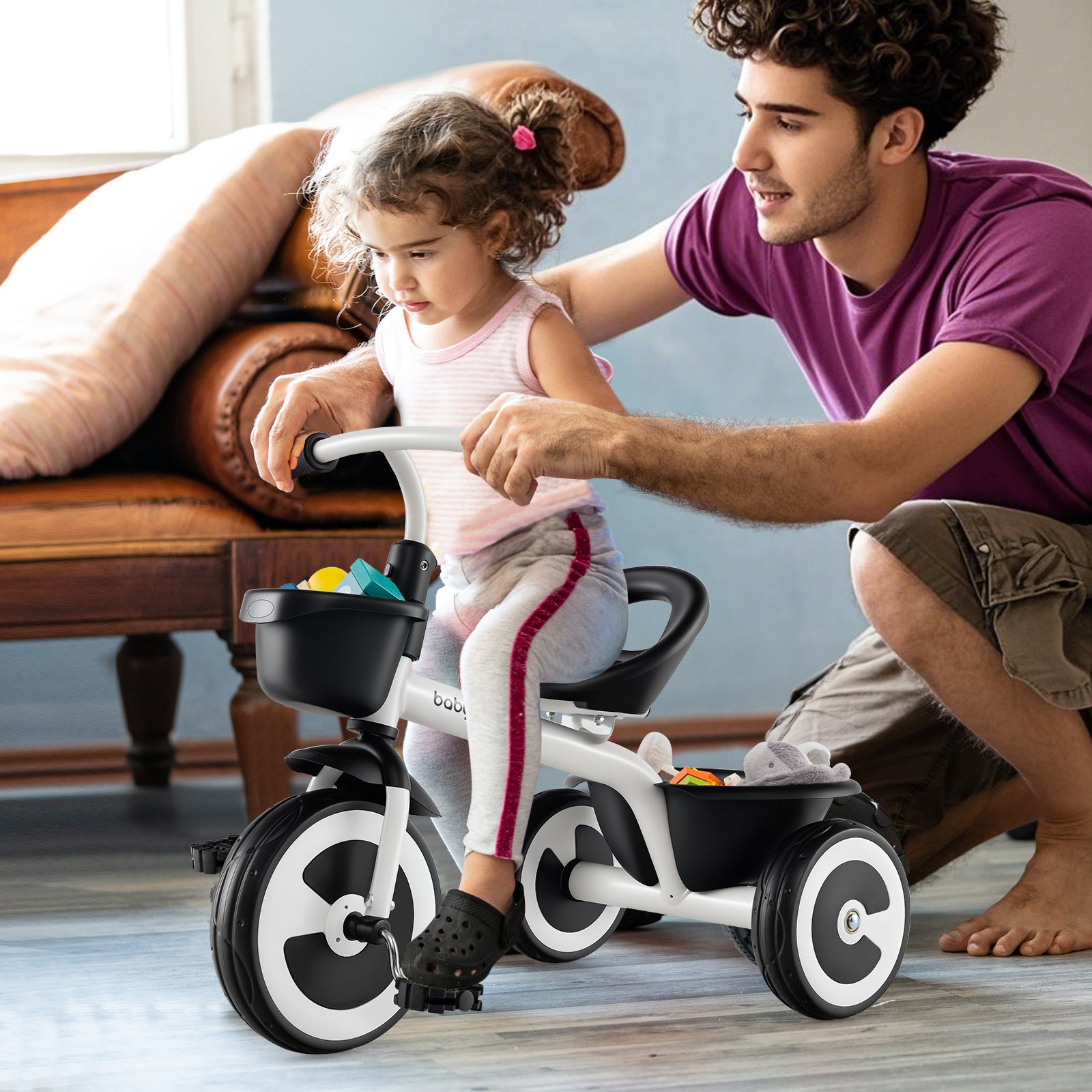Toddler Tricycle with Adjustable Seat and Front Rear Storage Baskets for 1.5-5 Years Old-White