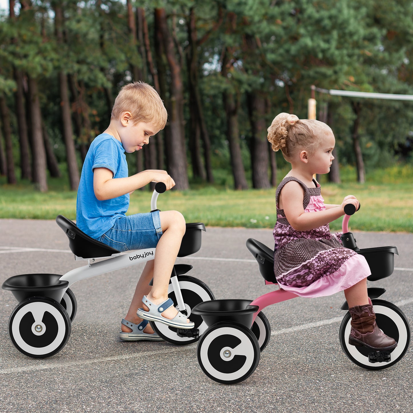 Toddler Tricycle with Adjustable Seat and Front Rear Storage Baskets for 1.5-5 Years Old-White