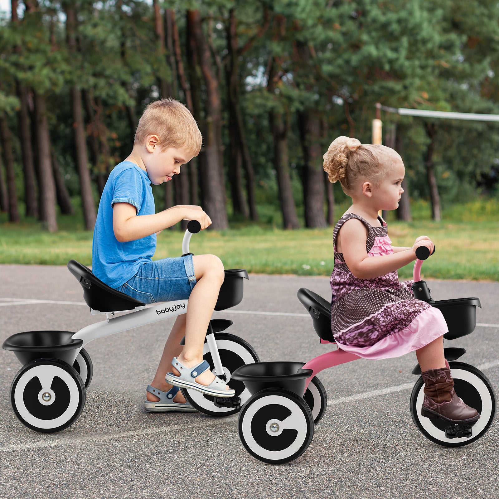 Toddler Tricycle with Adjustable Seat and Front Rear Storage Baskets for 1.5-5 Years Old-White