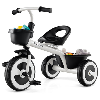 Toddler Tricycle with Adjustable Seat and Front Rear Storage Baskets for 1.5-5 Years Old-White