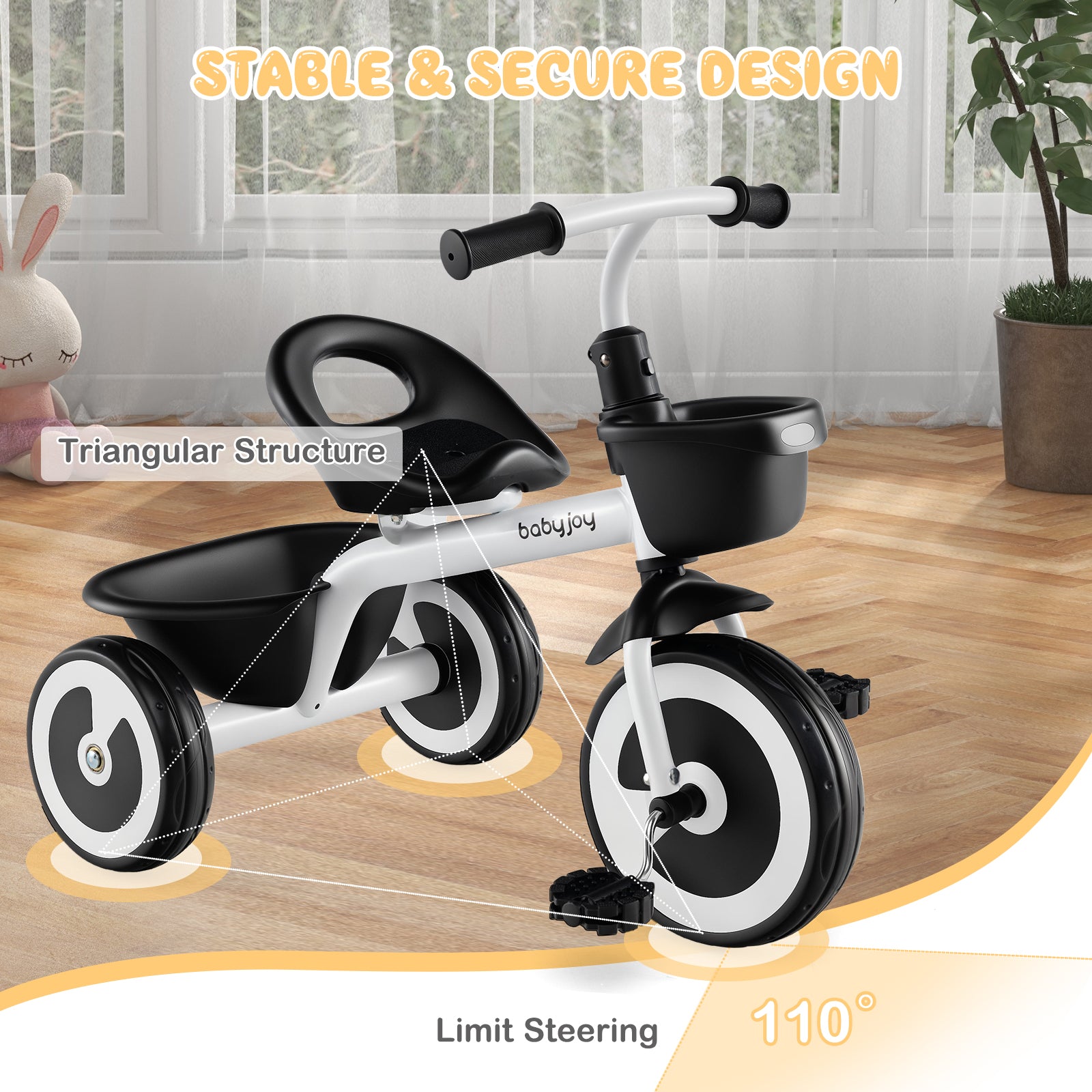 Toddler Tricycle with Adjustable Seat and Front Rear Storage Baskets for 1.5-5 Years Old-White