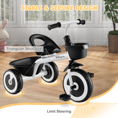 Toddler Tricycle with Adjustable Seat and Front Rear Storage Baskets for 1.5-5 Years Old-White