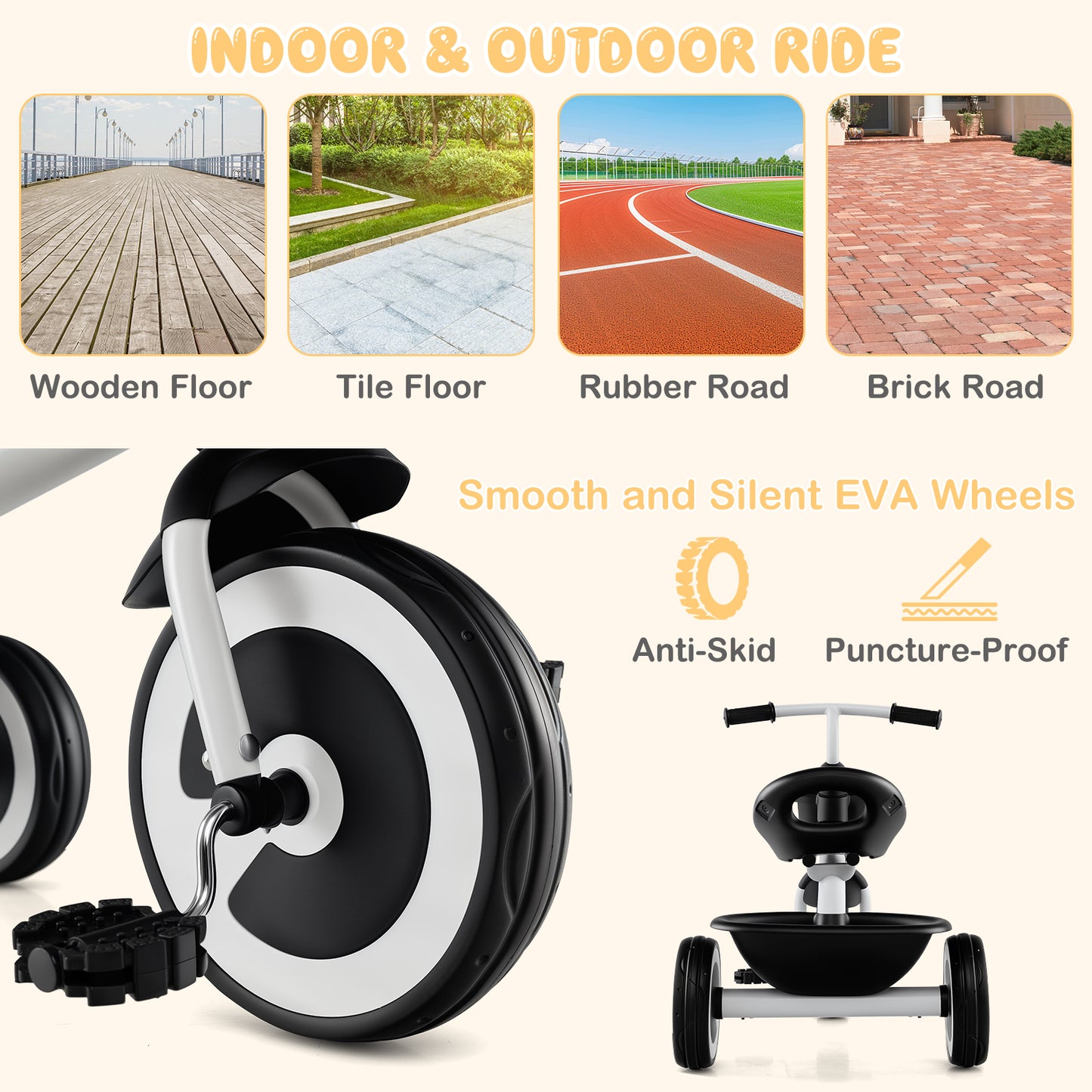 Toddler Tricycle with Adjustable Seat and Front Rear Storage Baskets for 1.5-5 Years Old-White