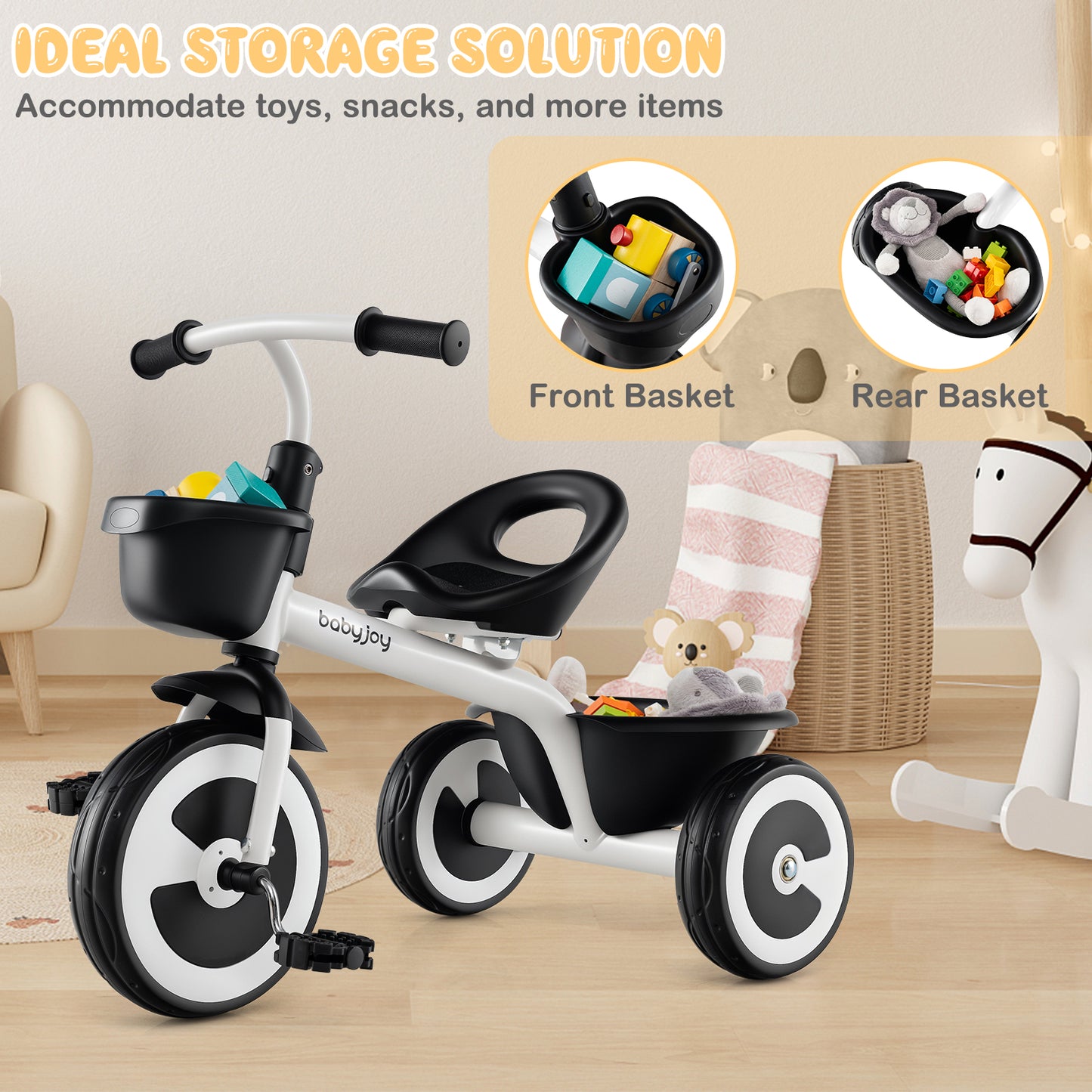 Toddler Tricycle with Adjustable Seat and Front Rear Storage Baskets for 1.5-5 Years Old-White