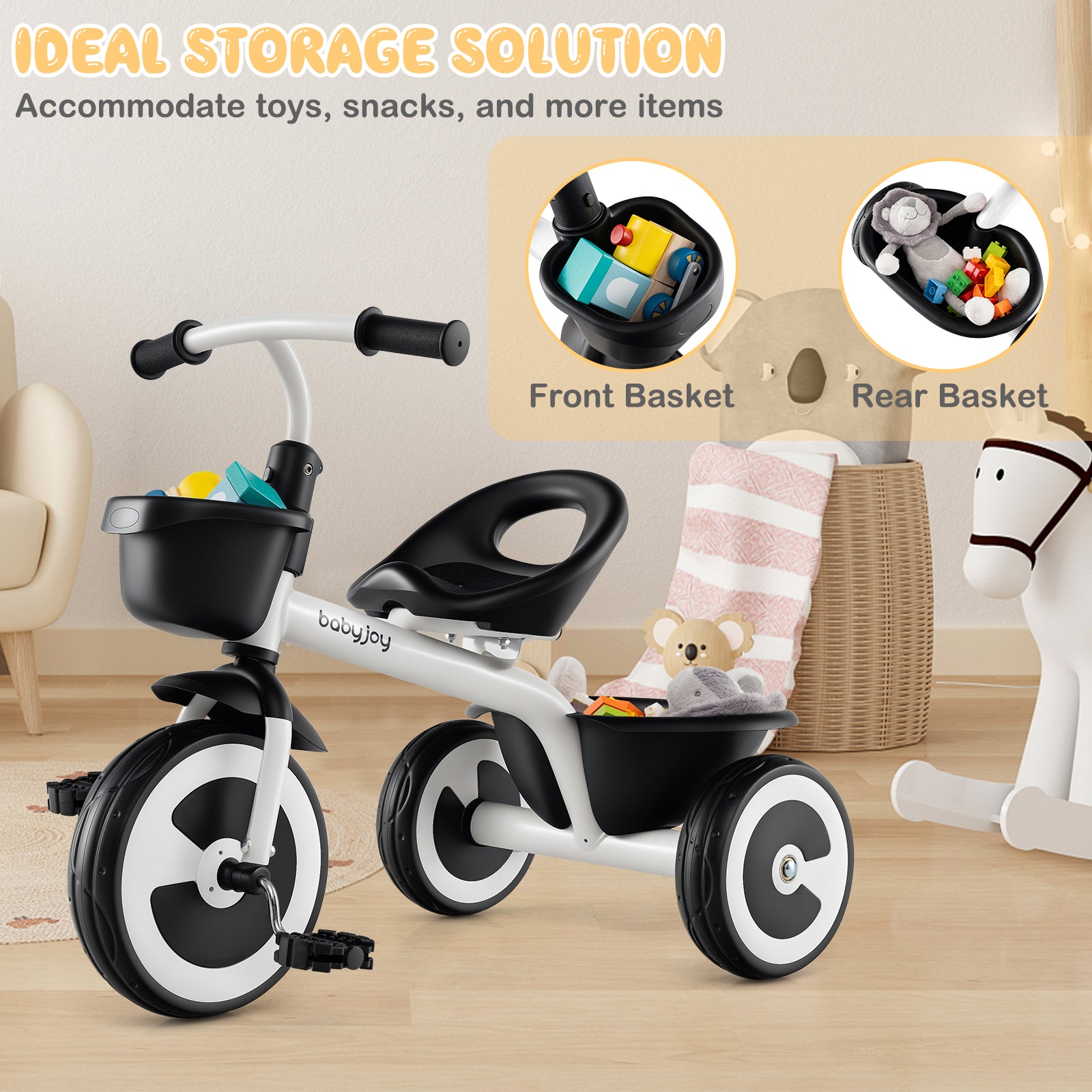 Toddler Tricycle with Adjustable Seat and Front Rear Storage Baskets for 1.5-5 Years Old-White