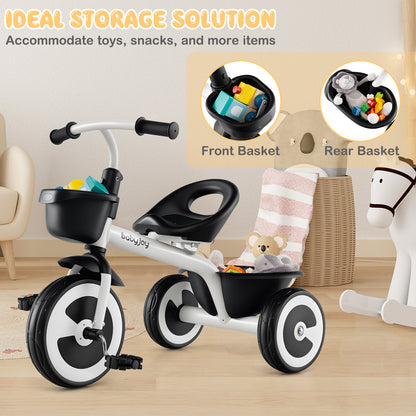 Toddler Tricycle with Adjustable Seat and Front Rear Storage Baskets for 1.5-5 Years Old-White