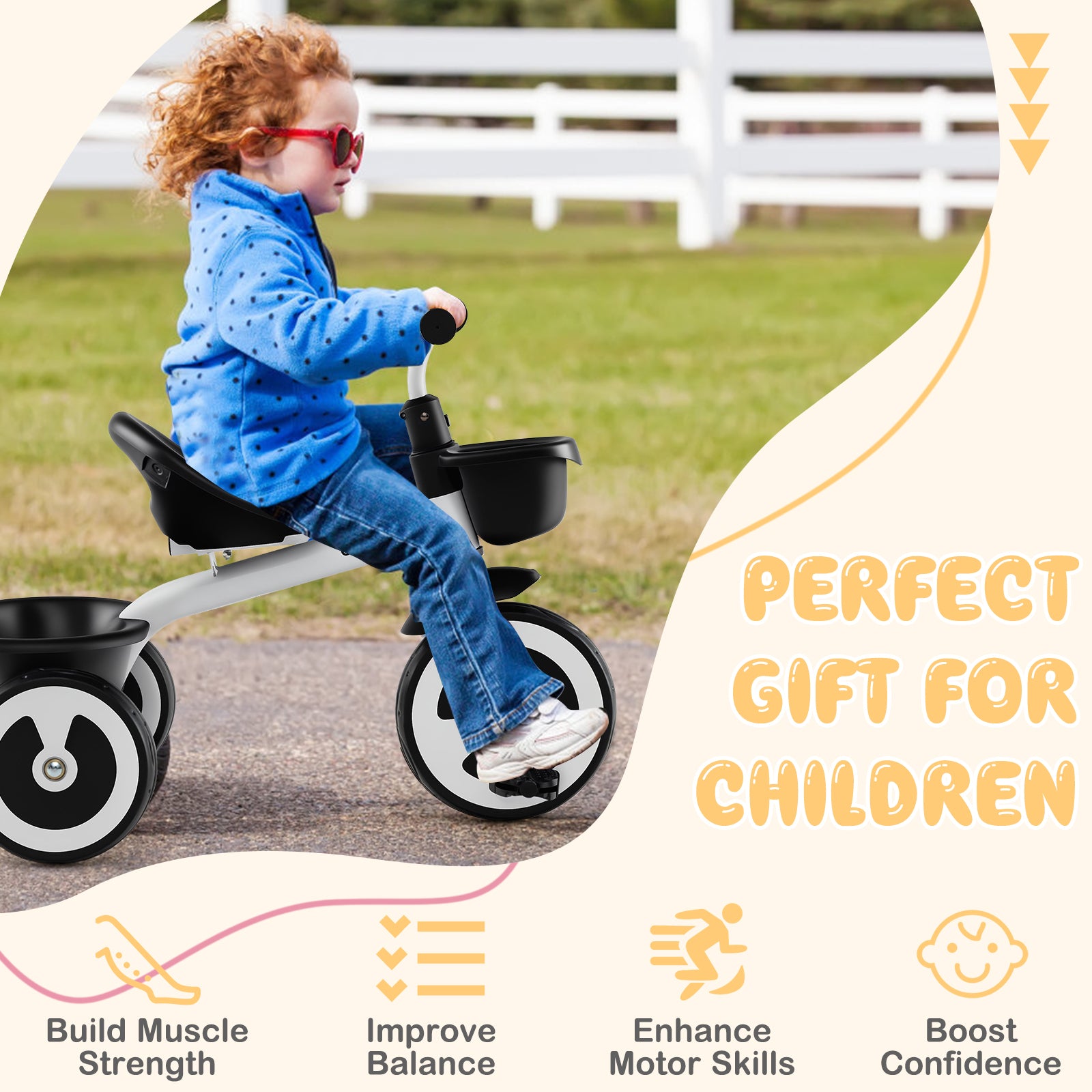 Toddler Tricycle with Adjustable Seat and Front Rear Storage Baskets for 1.5-5 Years Old-White