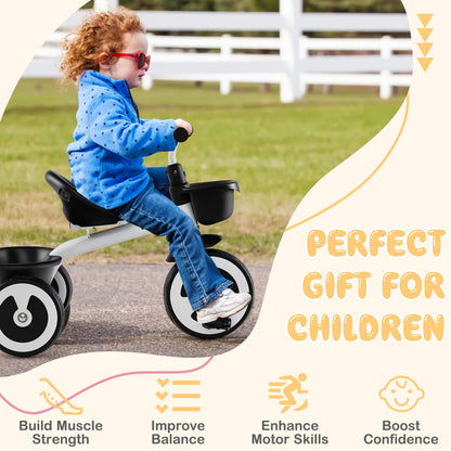 Toddler Tricycle with Adjustable Seat and Front Rear Storage Baskets for 1.5-5 Years Old-White