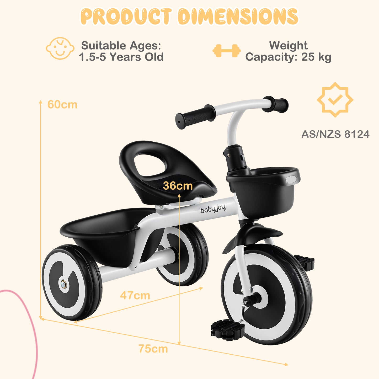 Toddler Tricycle with Adjustable Seat and Front Rear Storage Baskets for 1.5-5 Years Old-White