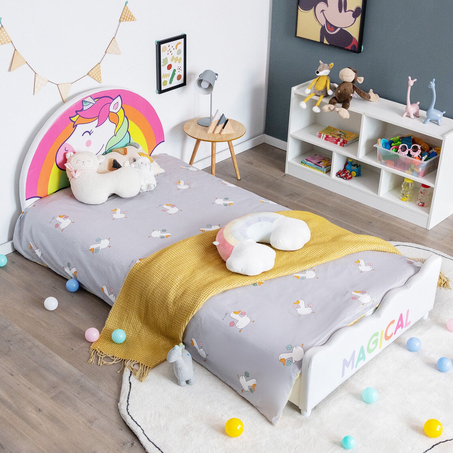 Twin Size Kids Wooden Upholstered Platform Bed with Astronaut/Unicorn/Cloud/Planet Pattern-Unicorn