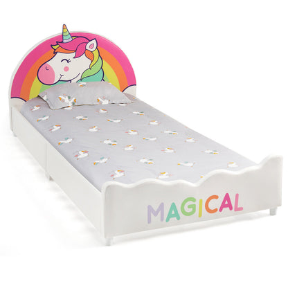 Twin Size Kids Wooden Upholstered Platform Bed with Astronaut/Unicorn/Cloud/Planet Pattern-Unicorn