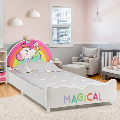 Twin Size Kids Wooden Upholstered Platform Bed with Astronaut/Unicorn/Cloud/Planet Pattern-Unicorn