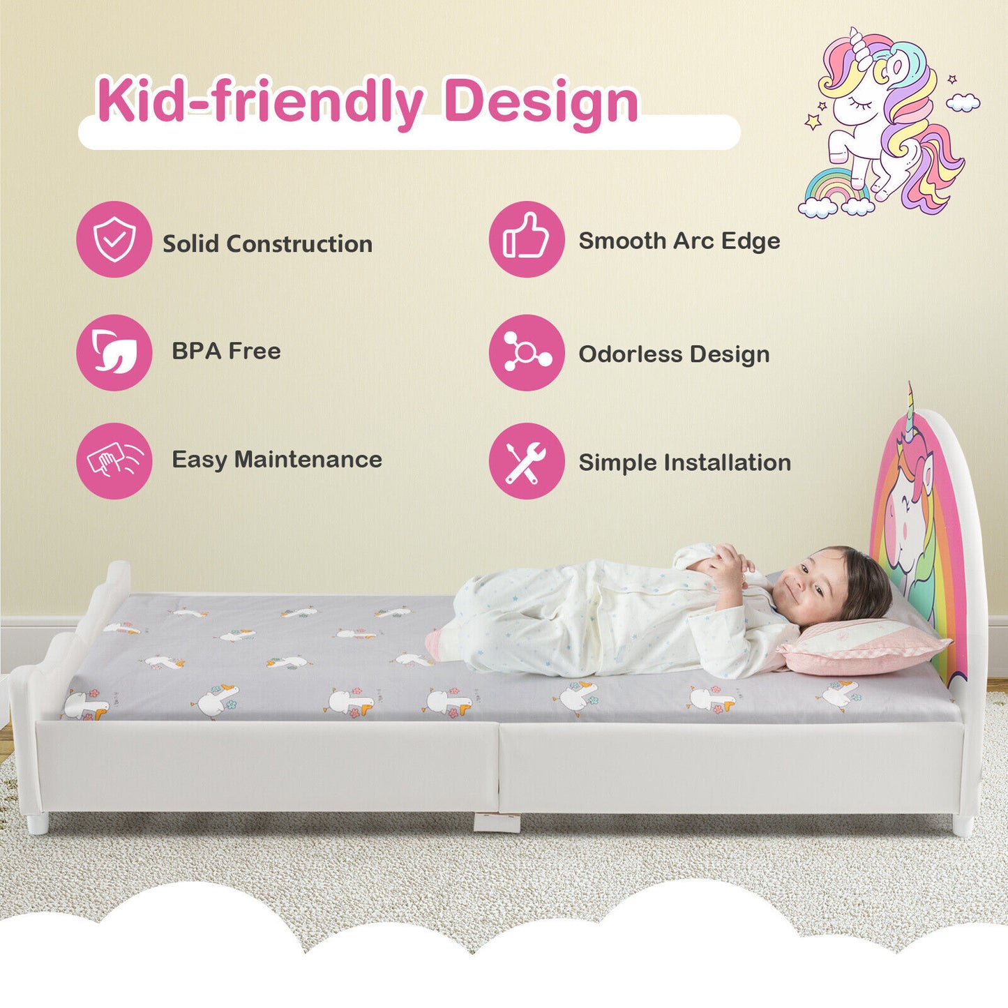 Twin Size Kids Wooden Upholstered Platform Bed with Astronaut/Unicorn/Cloud/Planet Pattern-Unicorn