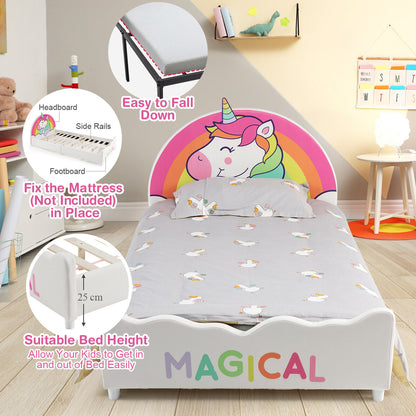 Twin Size Kids Wooden Upholstered Platform Bed with Astronaut/Unicorn/Cloud/Planet Pattern-Unicorn