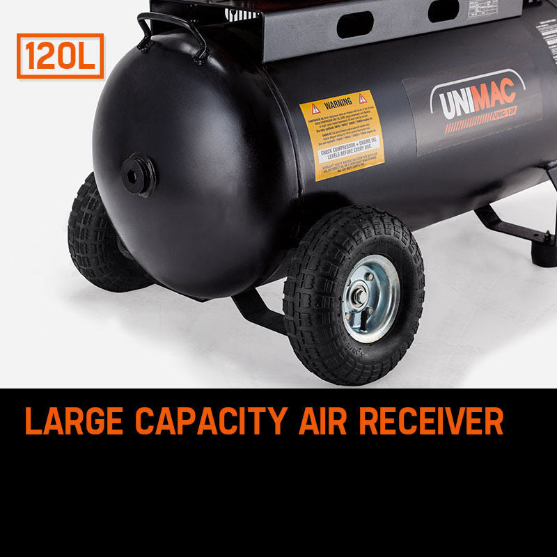 115PSI 120L 8HP Petrol Air Compressor with Tri-V Piston Design