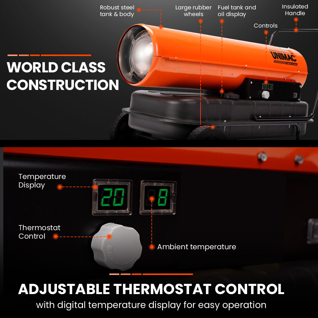 50KW Industrial Diesel Heater, 0.72m² Coverage, 56L Tank, Portable & Safe