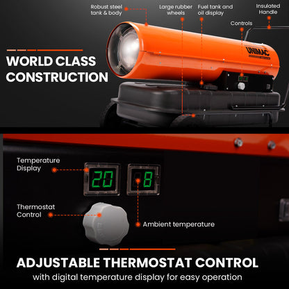 50KW Industrial Diesel Heater, 0.72m² Coverage, 56L Tank, Portable & Safe