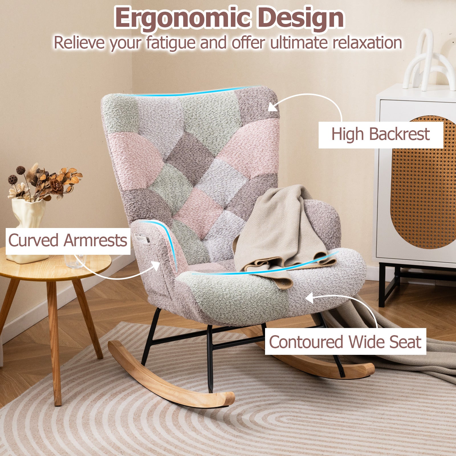 Nursery Rocking Chair Upholstered Boucle Fabric Nursing Armchair