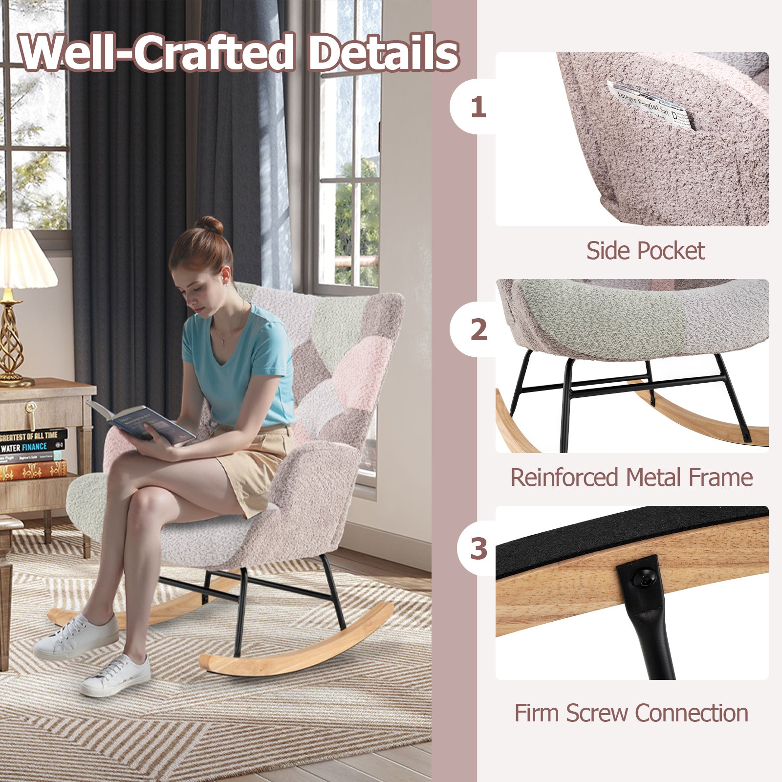 Nursery Rocking Chair Upholstered Boucle Fabric Nursing Armchair