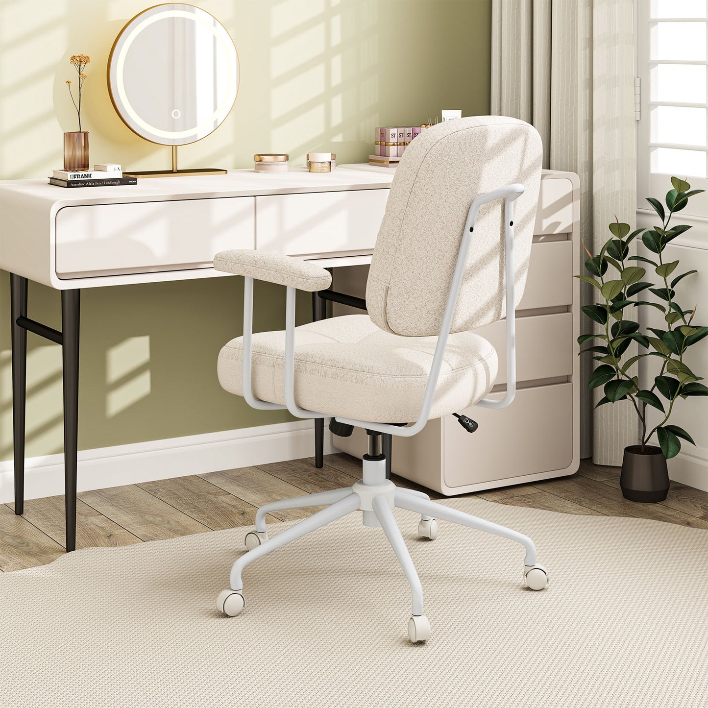 Upholstered Task Chair with Cushioned Back and Padded Armrests-Beige