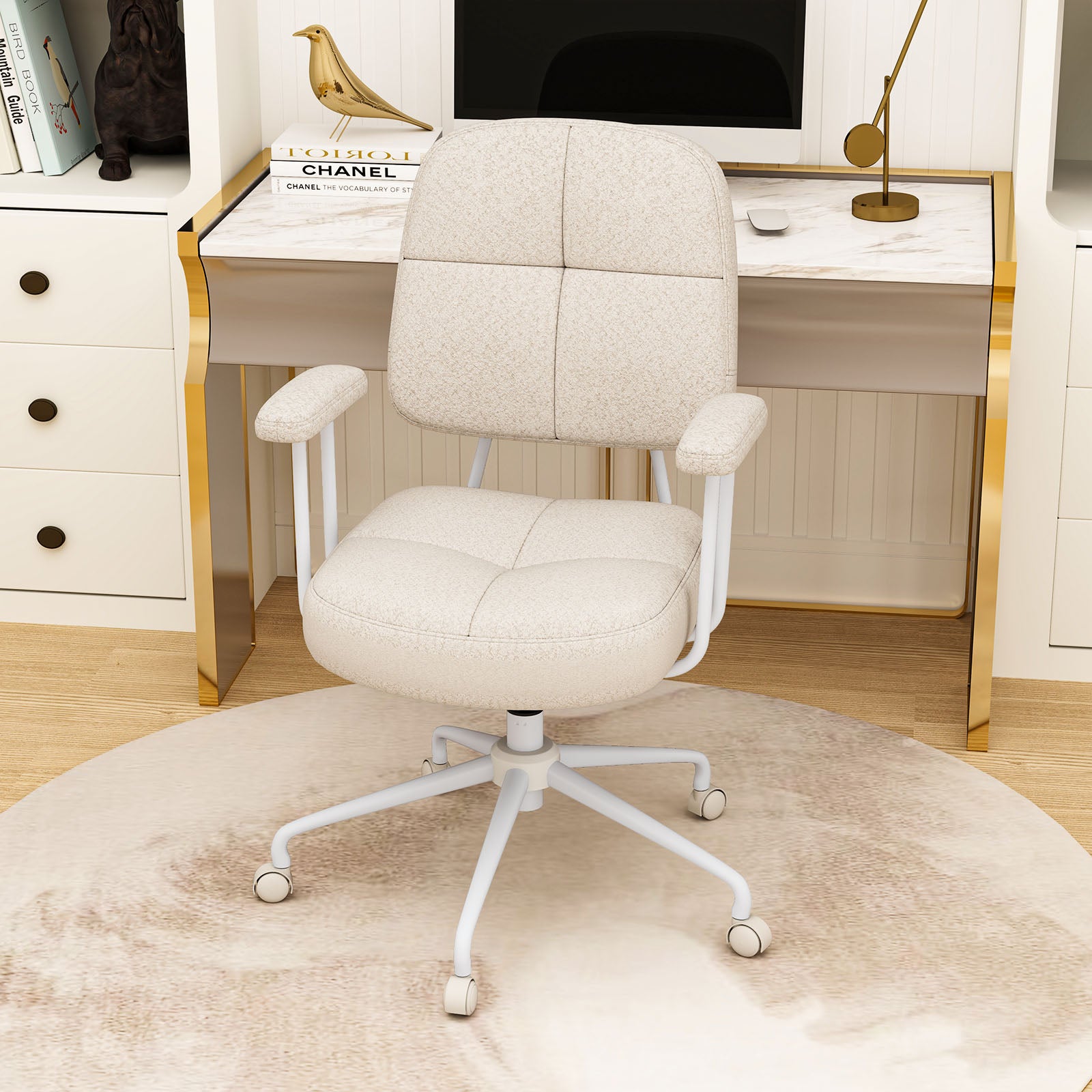 Upholstered Task Chair with Cushioned Back and Padded Armrests-Beige