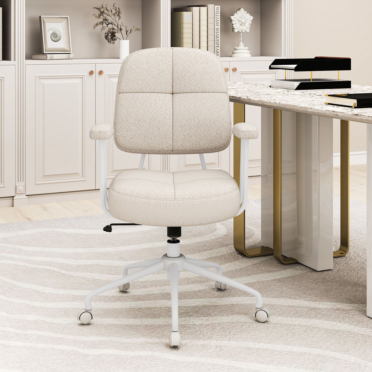 Upholstered Task Chair with Cushioned Back and Padded Armrests-Beige