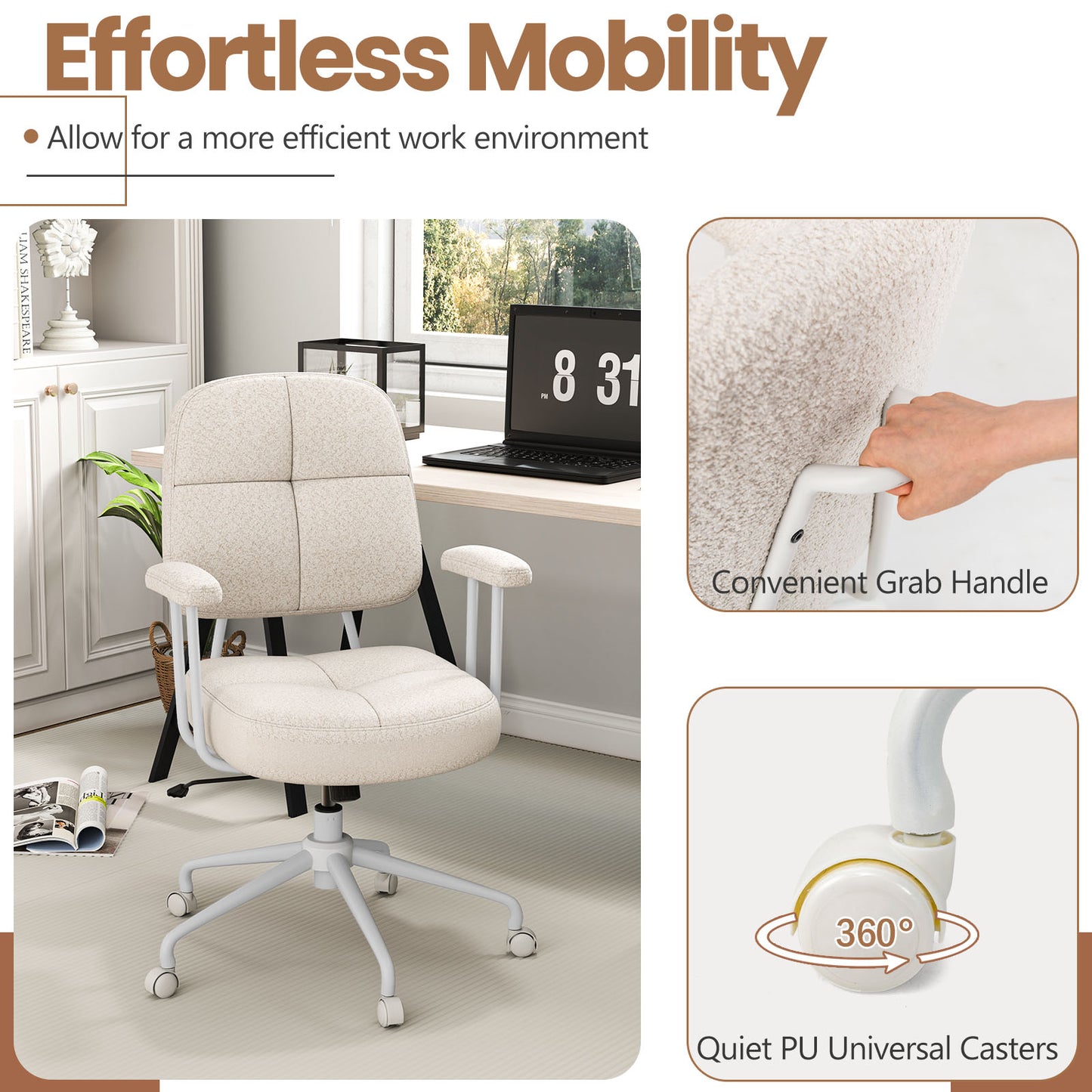Upholstered Task Chair with Cushioned Back and Padded Armrests-Beige